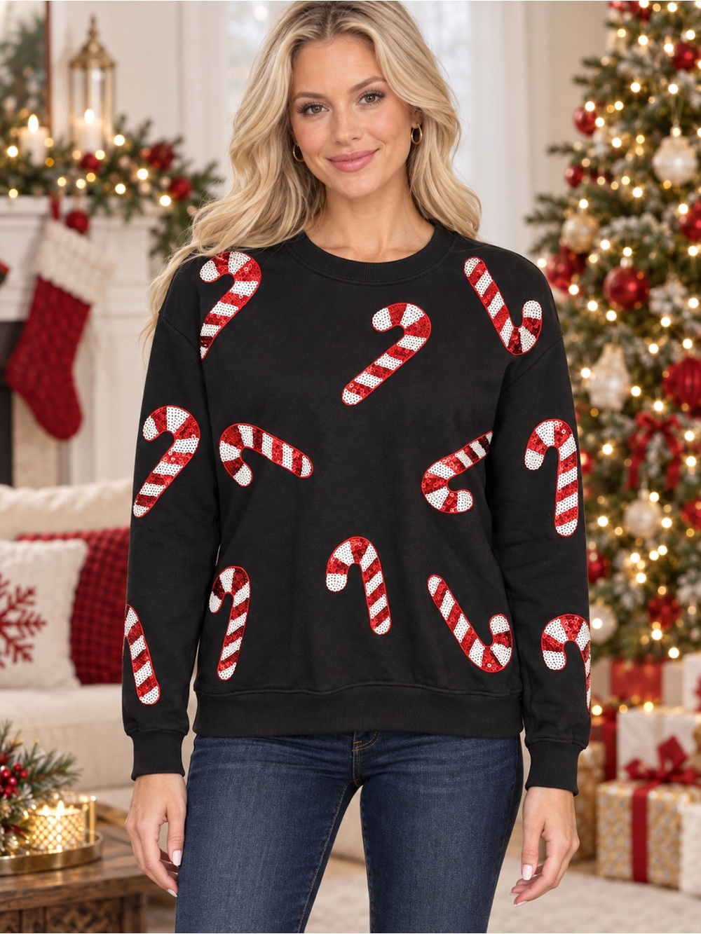 NWT Philosophy Sequin Candy Cane Crewneck Sweater Oversized XS